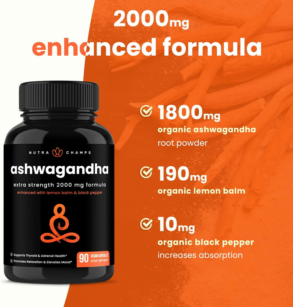 Organic Ashwagandha Capsules | 2000mg Adrenal Fatigue, Thyroid & Mood Support Ashwagandha Supplements | Ashwagandha Root Powder & Lemon Balm | Superior Absorption with Black Pepper | Vegan & Non-GMO