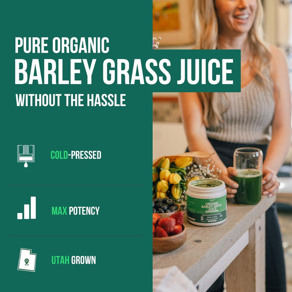 Organic Barley Grass Juice Powder - Grown In Volcanic Soil Of Utah - Raw & Bioactive Form, Cold-Pressed Then Co2 Dried  Gluten Free, Gmo Free, Vegan - Complements Wheatgrass Juice Powder - 5.3 Oz