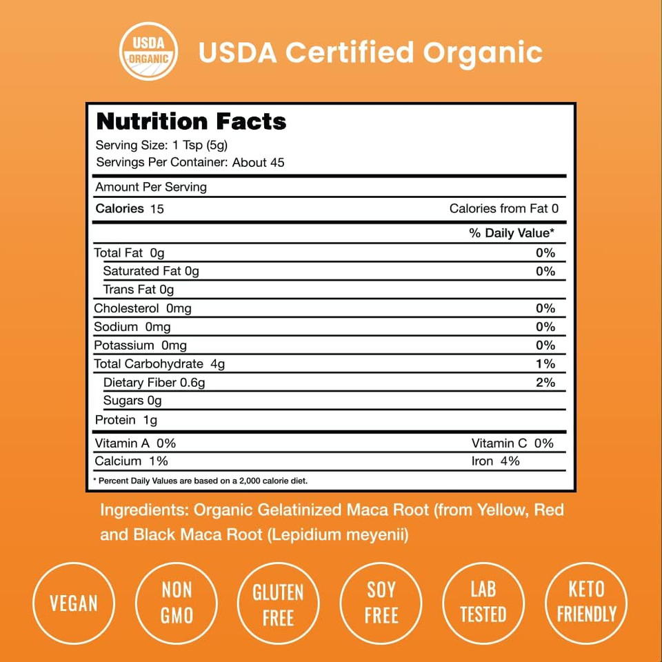 Organic Maca Powder - Peruvian Grown Maca Blend With Yellow, Black & Red Roots - Gelatinized For Superior Bioavailability - Natural, Vegan & Non-Gmo, 8Oz