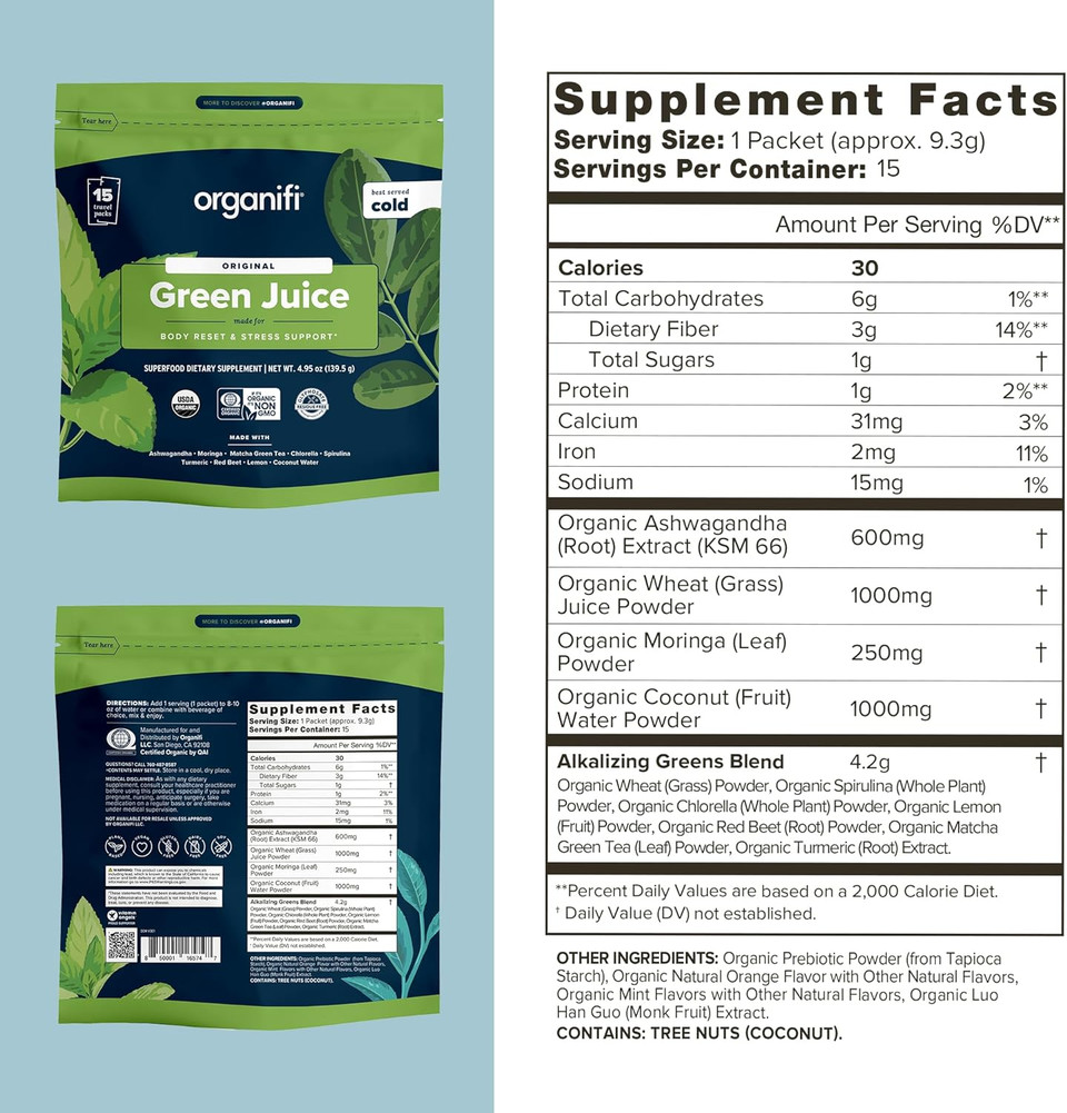 Organifi: GO Packs - Green Juice - Organic Superfood Supplement Powder - 15 Servings - Organic Vegan Greens - Hydrates and Revitalizes14 Go Packs