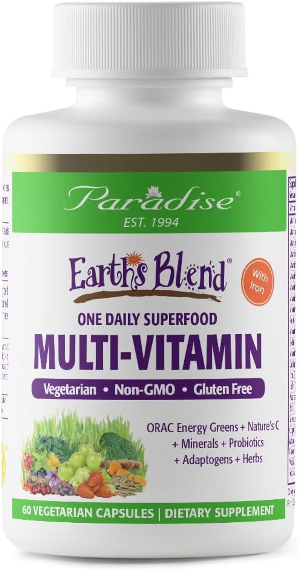 Paradise Herbs Earth'S Blend, Orac Energy Greens, Multivitamin, With Iron, Contains Vitamins A,B,C,D,K2, 60 Vegetarian Capsules60 Count (Pack Of 1)