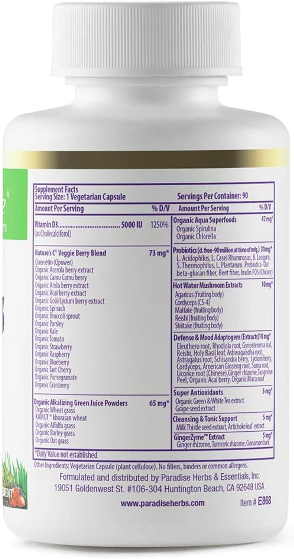 Paradise Herbs, Earth'S Blend Vitamin D3, Superfoods Base Of Probiotics And Organic Alkalizing Greens, Veggies & Berries, 90 Vegetarian Capsules90 Count (Pack Of 1)
