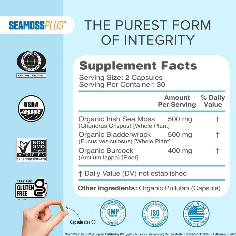 Power By Naturals Sea Moss Plus - Usda Certified Organic Wildcrafted Irish Seamoss, Bladderwrack & Burdock Root, Supplement For Immunity, 60Ct, 1 Pack60 Count (Pack Of 1)