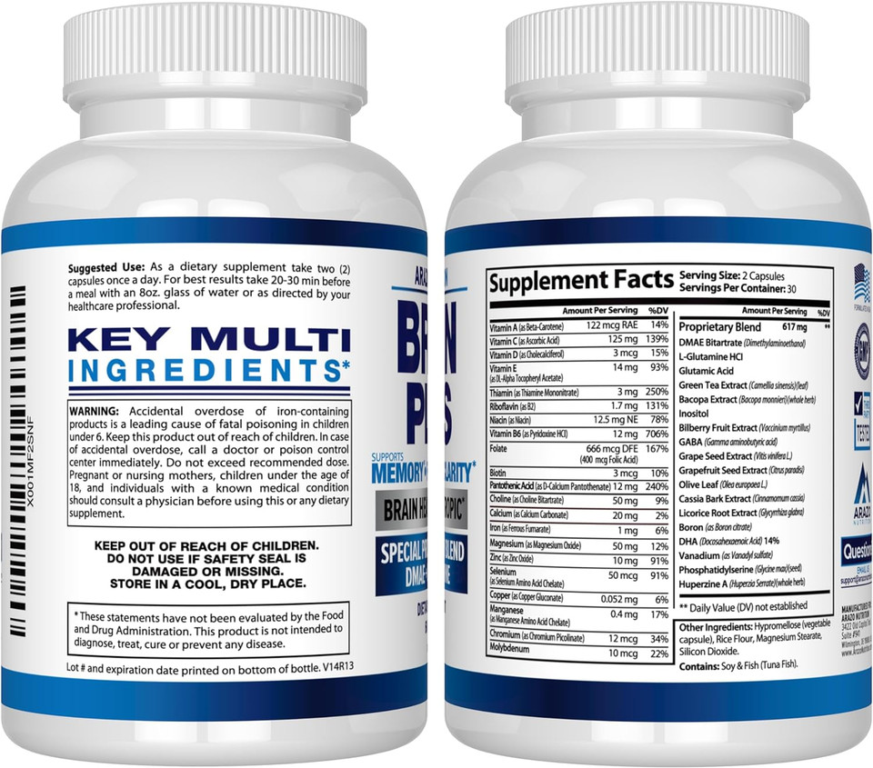 Premium Brain Function Supplement  Memory, Focus, Clarity  Nootropic Booster With Dmae, Bacopa Monnieri, L-Glutamine, Multi Vitamins, Multi Minerals - Arazo Nutrition