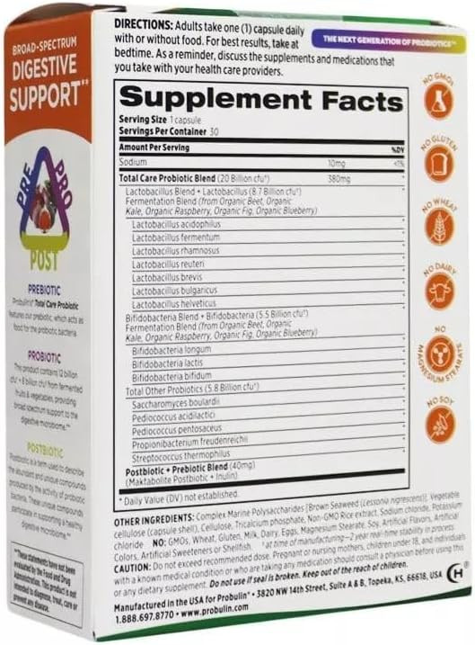 Probulin Total Care Probiotic, Daily Gut Support For Adults, 20 Billion Cfu, 30 Capsules