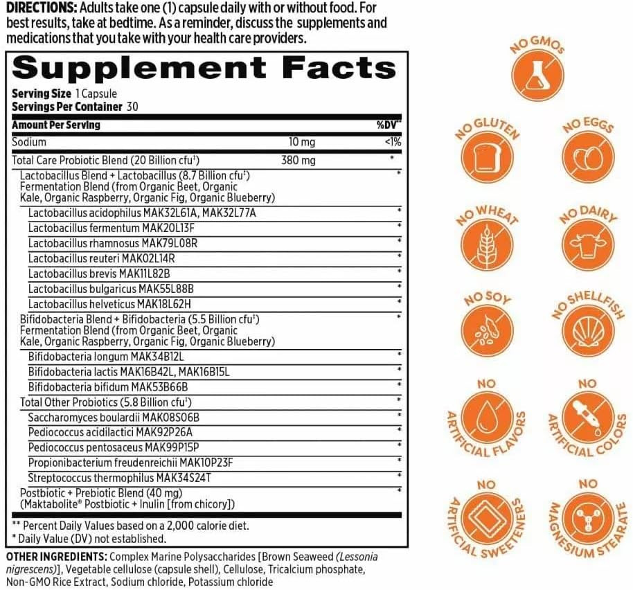 Probulin Total Care Probiotic, Daily Gut Support For Adults, 20 Billion Cfu, 30 Capsules