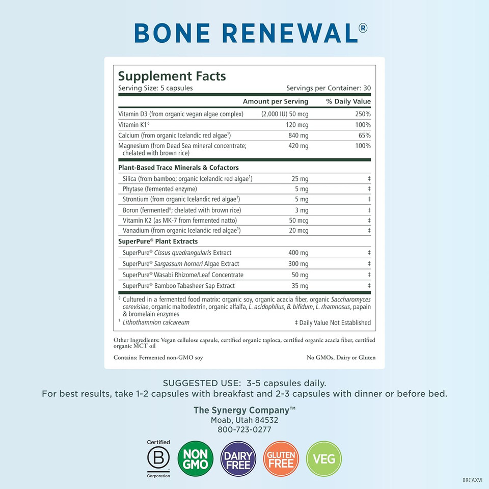 Pure Synergy Bone Renewal | Bioavailable Calcium With Cofactors | Natural, Vegan Bone Health Supplement With Vitamin D3, K2, Magnesium, & Boron | For Bone Strength & Mobility (150 Capsules)