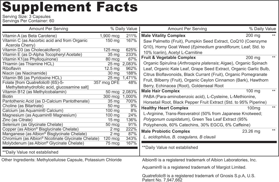 Purely Beneficial Menã¢ÂS Whole Food Multivitamin ÃÂ51 Key Nutrients Including Vitamins, Minerals, Herbs, Probiotics, Hair Complex, Male Vitality, Healthy Heart - 180 Capsules