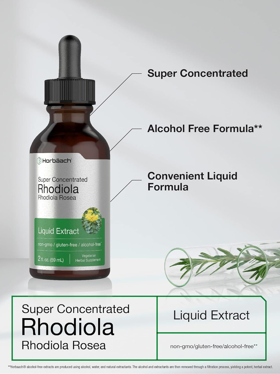 Rhodiola Rosea Tincture | 2 Fl Oz | Alcohol Free Extract | Super Concentrated Rhodiola Root Liquid Supplement | Vegetarian, Non-Gmo, Gluten Free | By Horbaach