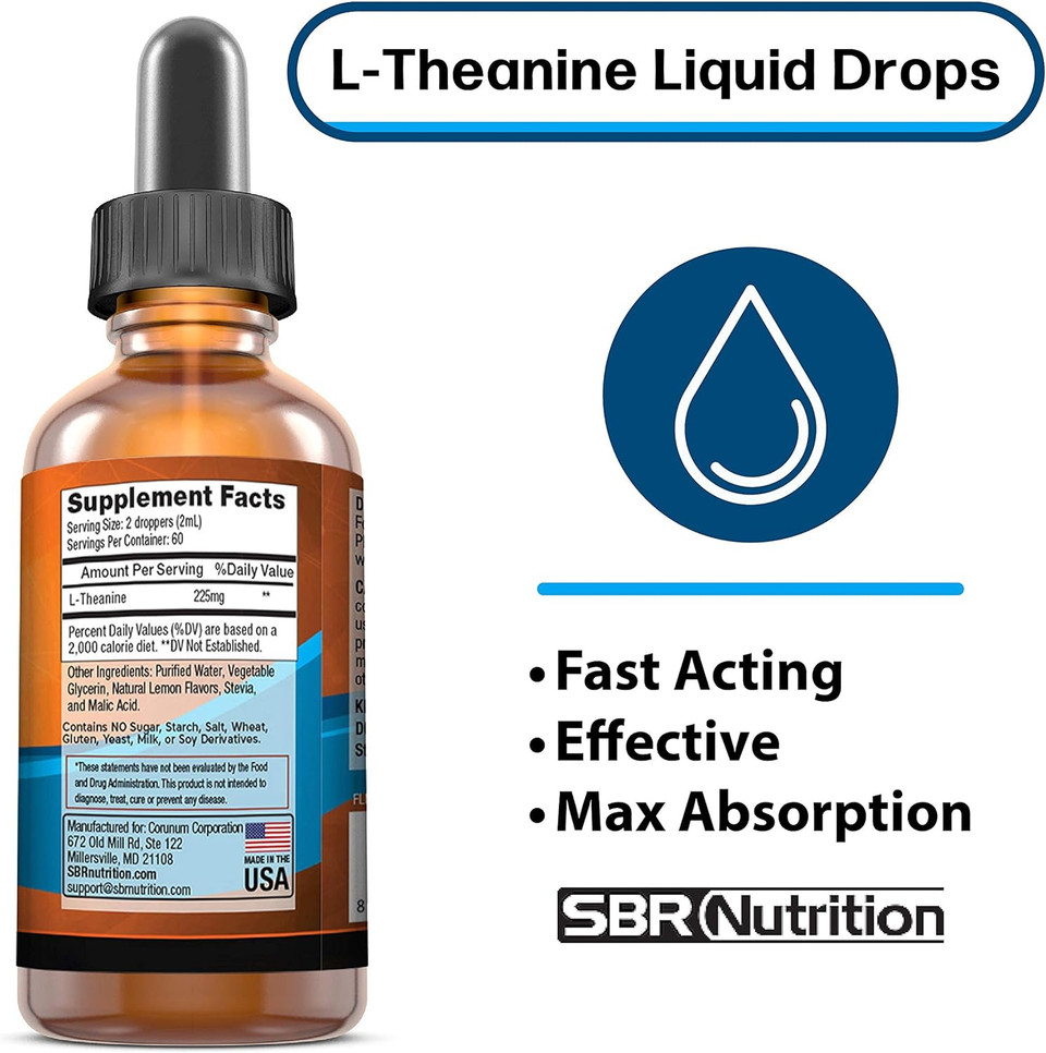 SBR Nutrition Liquid L-Theanine Drops | All Natural, Vegan, Alcohol Free, Non-GMO | for Sleep Aid, Calm, Relaxation, Focus Without Drowsiness | Synergistic with Coffee or Caffeine