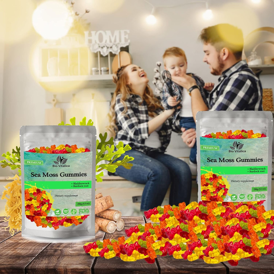 Sea Moss Gummies - Irish Sea Moss Raw Organic, Bladderwrack, Burdock Root. Contains Sea Moss Gel And Powder. Superfoods For Vegan, Keto And Dr Sebi Diet. Immune And Energy Boosting