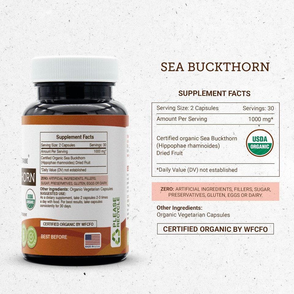 Secrets Of The Tribe Sea Buckthorn 60 Capsules(2 Pcs.), 1000 Mg, Usda Organic Sea Buckthorn (Hippophae Rhamnoides) Dried Fruit (2X60 Capsules)2X60 Capsules