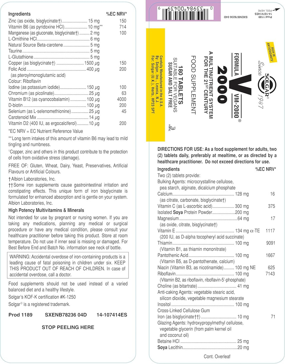 Solgar Formula Vm-2000 (Multinutrient System), 180 Tablets - Premium Quality Multiple - Contains Zinc - Supports A Healthy Immune System - Vegan, Dairy Free, Kosher - 90 Servings