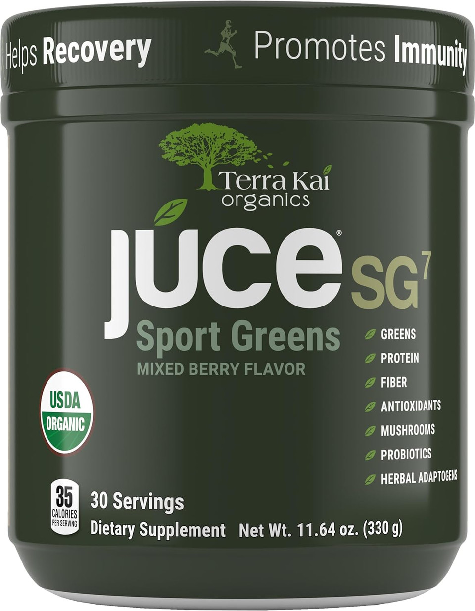 Terra Kai Organics Sg7 Sports Greens Organic Green Juice Powder | Powdered Superfood Protein | Antioxidants & Mushrooms | Probiotics For Gut Health | Mixed Berry Flavor | 30 Servings