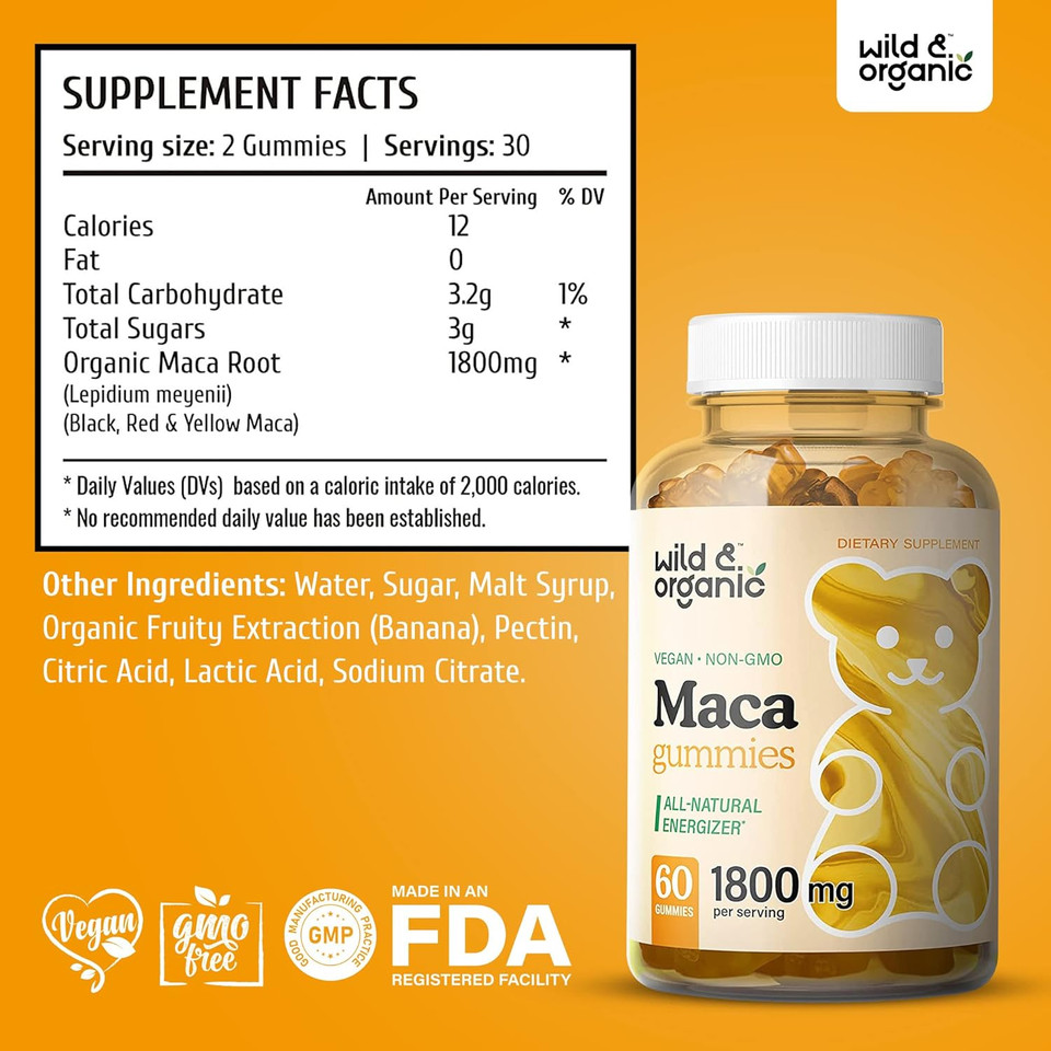 Wild & Organic Maca Root Gummies 1800 Mg - Maca Supplement For Endurance, Natural Energy, Mood & Immune Support - Maca Root Organic Gummy - Herbal Maca Gummies - Vegan & Non-Gmo - 60 Chews