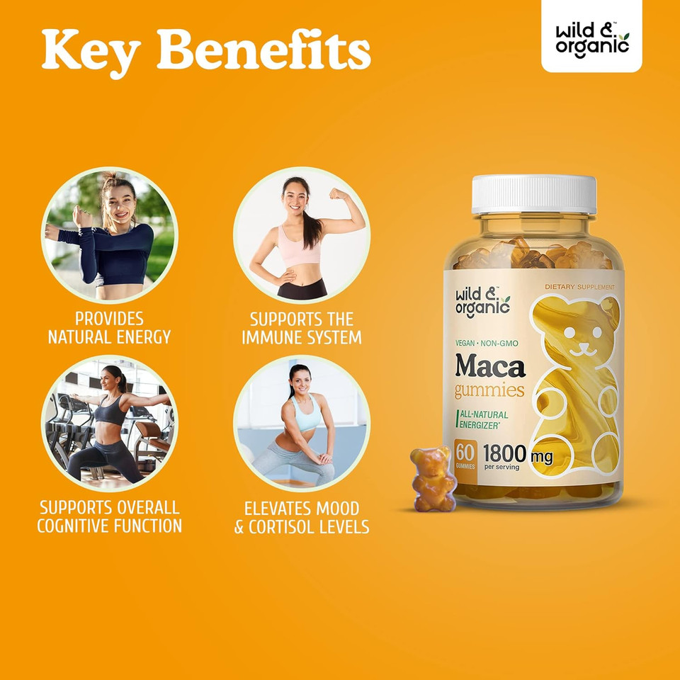 Wild & Organic Maca Root Gummies 1800 Mg - Maca Supplement For Endurance, Natural Energy, Mood & Immune Support - Maca Root Organic Gummy - Herbal Maca Gummies - Vegan & Non-Gmo - 60 Chews