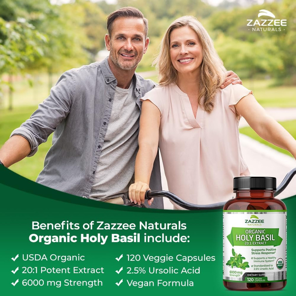 Zazzee Usda Organic Holy Basil 20:1 Extract, 6000 Mg Strength, 2.5% Ursolic Acid, 120 Vegan Capsules, 4 Month Supply, Concentrated And Standardized 20X Tulsi Extract, 100% Certified Organic, Non-Gmo