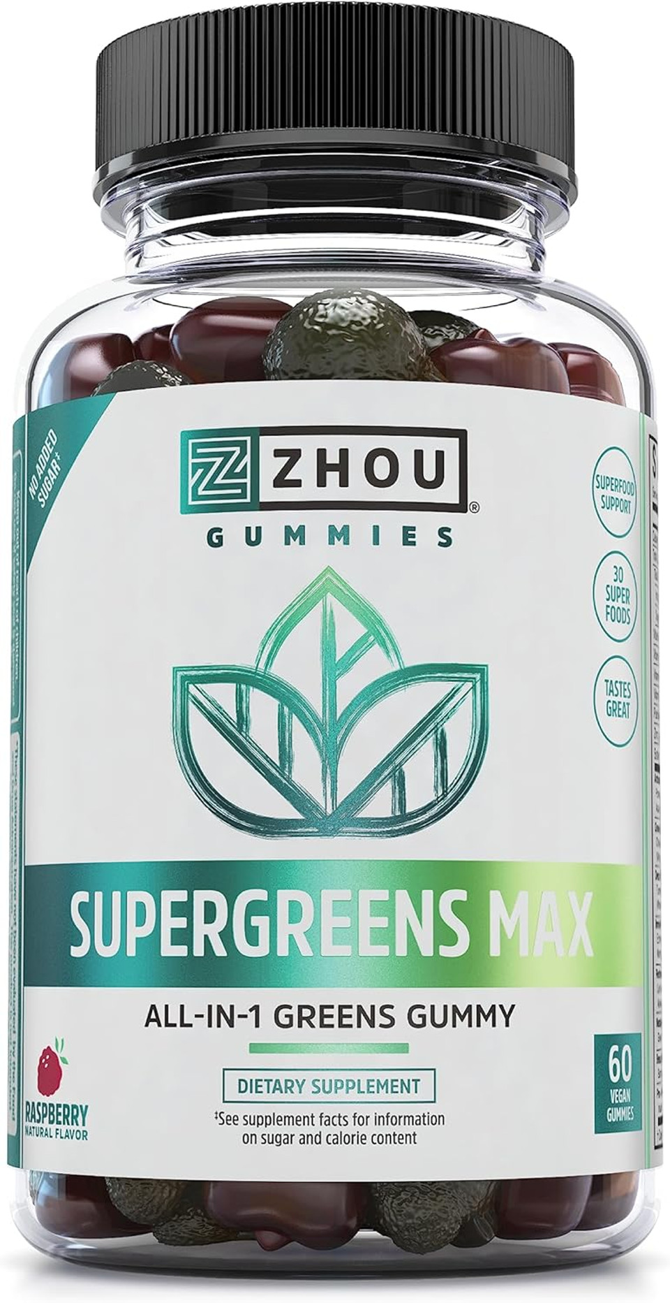 Zhou Supergreens Max Gummies, Greens Antioxidant Blend, Superfood Support Supplement, Digestion And Immune Health, Cellular Energy, Prebiotic And Probiotic Blend, No Added Sugar, 60 Vegan Gummies