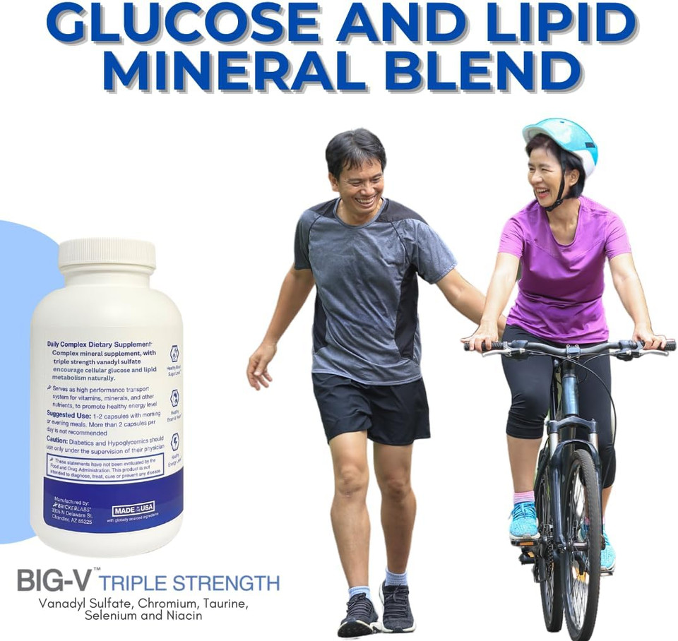 Bricker Labs Big-V Triple Strength Vanadyl Supplement: Vanadyl Sulfate 30 Mg, Taurine 600 Mg, Selenium, Chromium And Niacin, Blended Mineral Supplement, 180 Capsules180 Count (Pack Of 1)