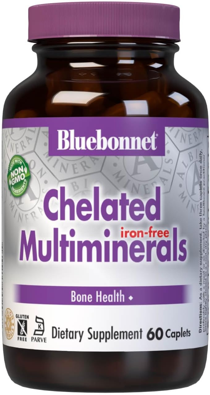 Bluebonnet Nutrition High Potency Chelated Multiminerals (Iron-Free), Albion Chelated Minerals, Soy-Free, Gluten-Free, Non-Gmo, Kosher Certified, Dairy-Free, 120 Caplets, 40 Servings