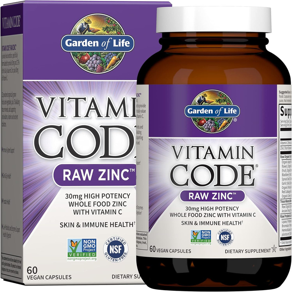 Garden Of Life Zinc Supplements 30Mg High Potency Raw Zinc And Vitamin C Multimineral Supplement, Vitamin Code / Trace Minerals & Probiotics For Skin Health & Immune Support, 60 Vegan Capsules