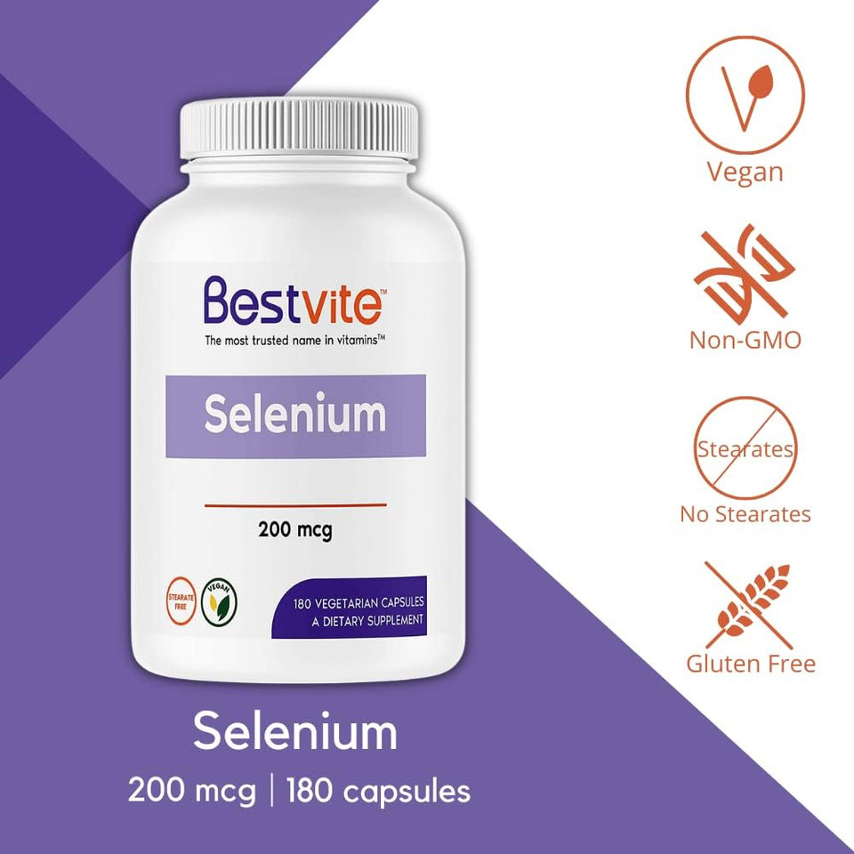 Bestvite Selenium 200Mcg (180 Vegetarian Capsules) - No Stearates - No Flow Agents - Vegan - Non-Gmo - Gluten Free180 Count (Pack Of 1)