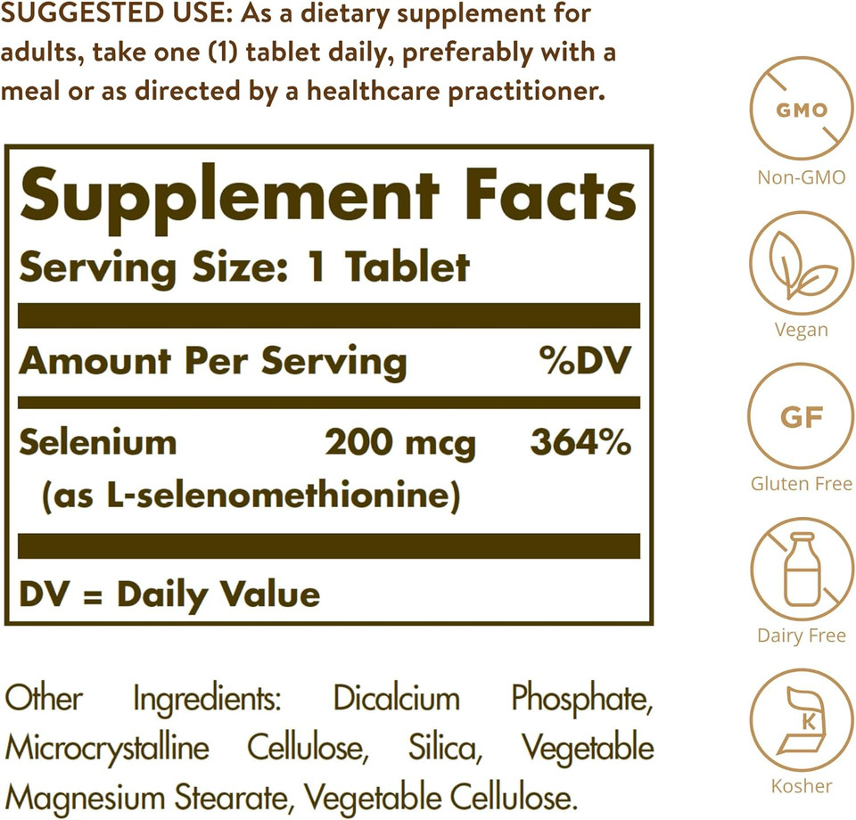 Solgar Yeast-Free Selenium 200 Mcg, 250 Tablets - Supports Antioxidant & Immune System Health - Non-Gmo, Vegan, Gluten Free, Dairy Free, Kosher - 250 Servings250 Count (Pack Of 1)