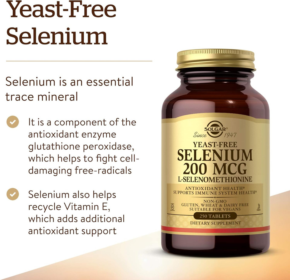 Solgar Yeast-Free Selenium 200 Mcg, 250 Tablets - Supports Antioxidant & Immune System Health - Non-Gmo, Vegan, Gluten Free, Dairy Free, Kosher - 250 Servings250 Count (Pack Of 1)