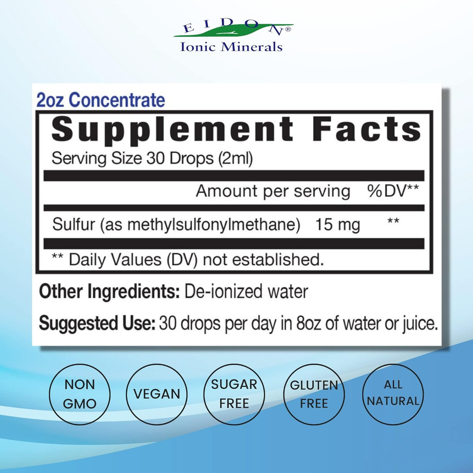 Eidon Ionic Minerals Liquid Sulfur Concentrate - Ionic Msm Sulfur Drops Supplement, Supports Healthy Joints, Smooth Skin, & Glossy Hair, No Preservatives Or Additives - 2 Oz Bottle