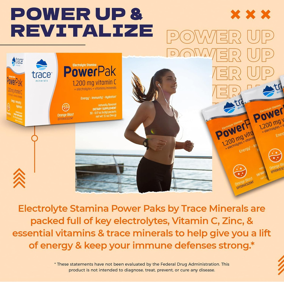 Electrolyte Stamina Power Pak Orange Blast Trace Minerals 0.17Oz(4.8G) Each 30 Packet