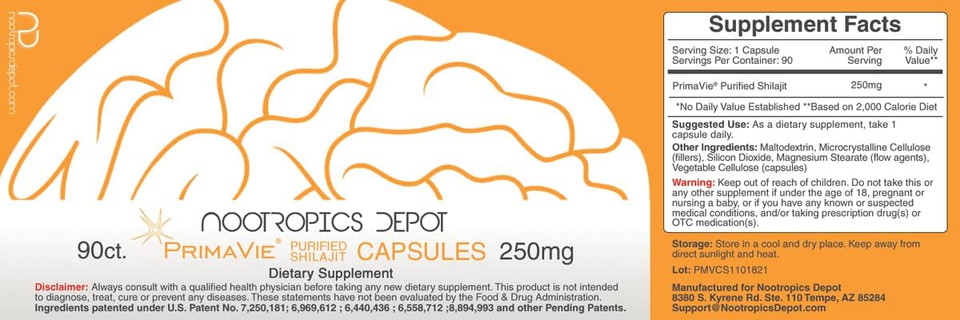 Nootropics Depot Primavie Shilajit Capsules | 250Mg | 90 Count | Purified Extract | Ayurvedic Herb | Supports Mitochondrial Function + Boosts Endurance