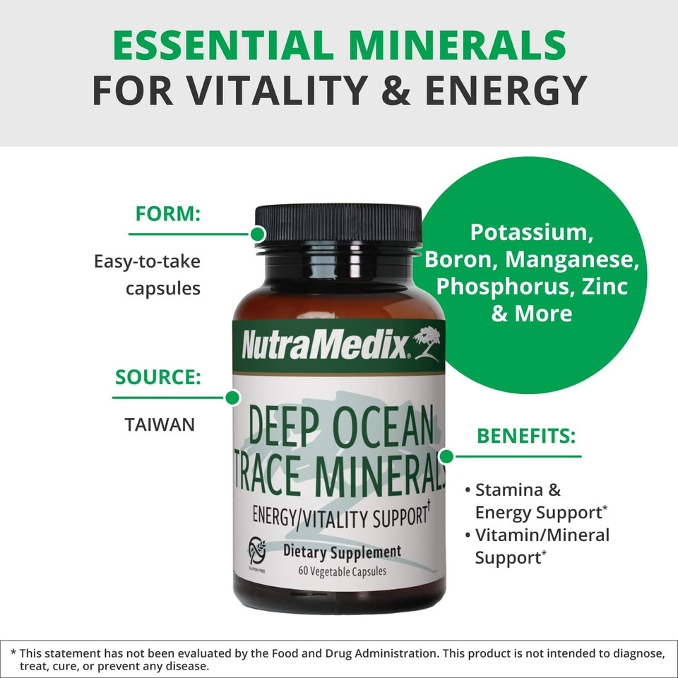 Nutramedix Deep Ocean Trace Minerals 1,000Mg - Mineral & Energy Supplements - Magnesium, Zinc, Potassium, Boron, Phosphorus & Manganese - Electrolyte Support (60 Capsules)