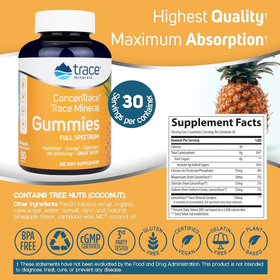 Trace Minerals | Concentrace Chewable Gummies Full Spectrum | Provide Potent Energy, Metabolic & Mood Support | Healthy Joints Bones And Teeth | Natural Pineapple | 90 Ct