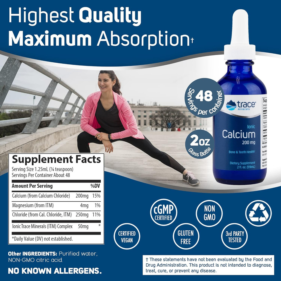 Trace Minerals | Liquid Ionic Calcium | Healthy Bones, Teeth And Muscle Contraction | Certified Vegan, Gluten Free, Non Gmo | 59Ml