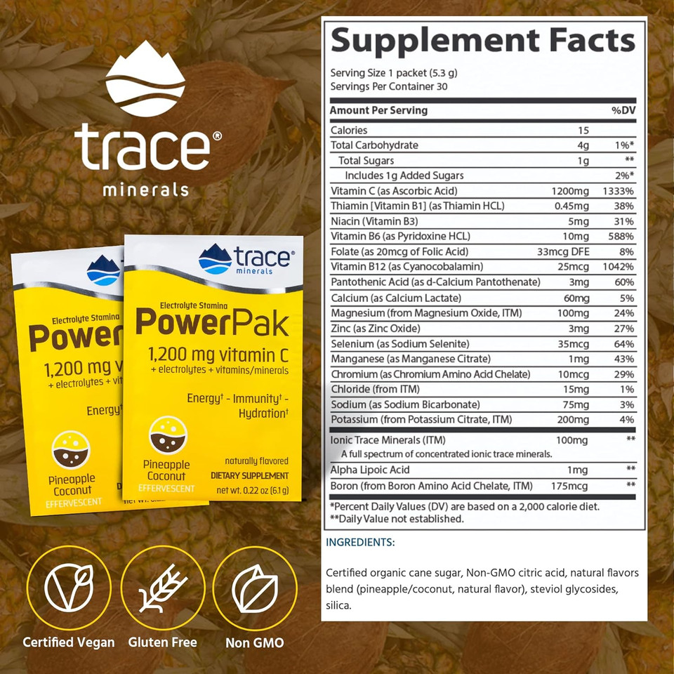 Trace Minerals | Power Pak Electrolyte Powder Packets | 1200 Mg Vitamin C, Zinc, Magnesium | Boost Hydration, Immunity, Energy, Muscle Stamina | Pineapple Coconut | 30 Packets