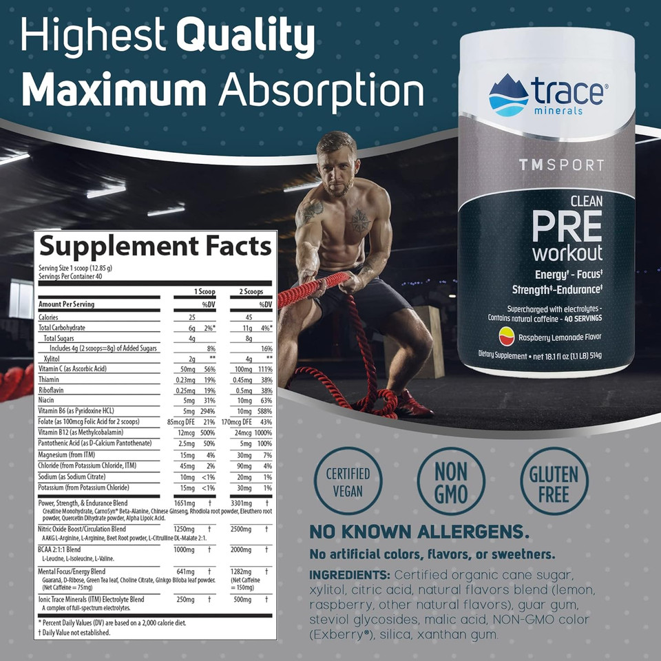 Trace Minerals | Tmsport Series Pre Workout Supplement | Energy And Strength Booster | No Artificial Color| Raspberry Lemonade Flavor | 18.1 Ounce, 40 Servings