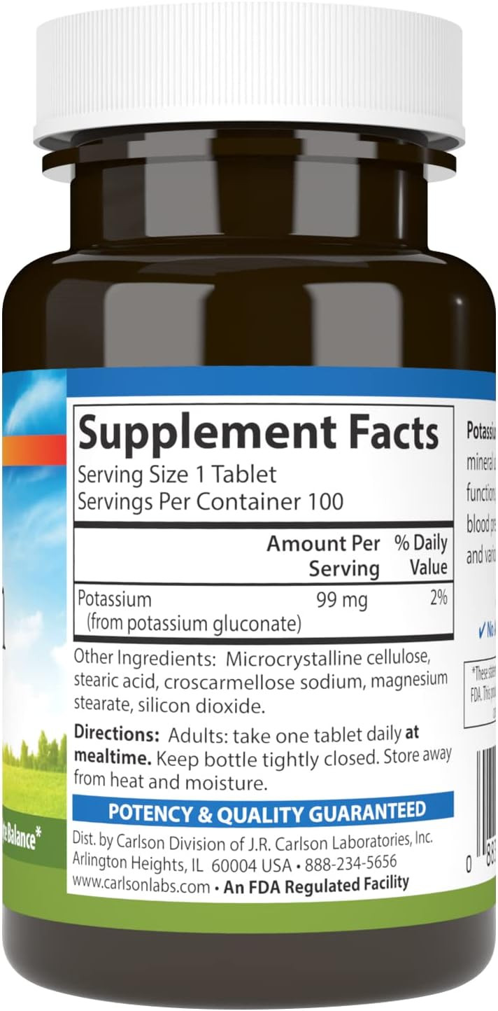 Carlson - Potassium, 99 Mg, Promotes Nerve Health & Muscle Function, 100 Tablets