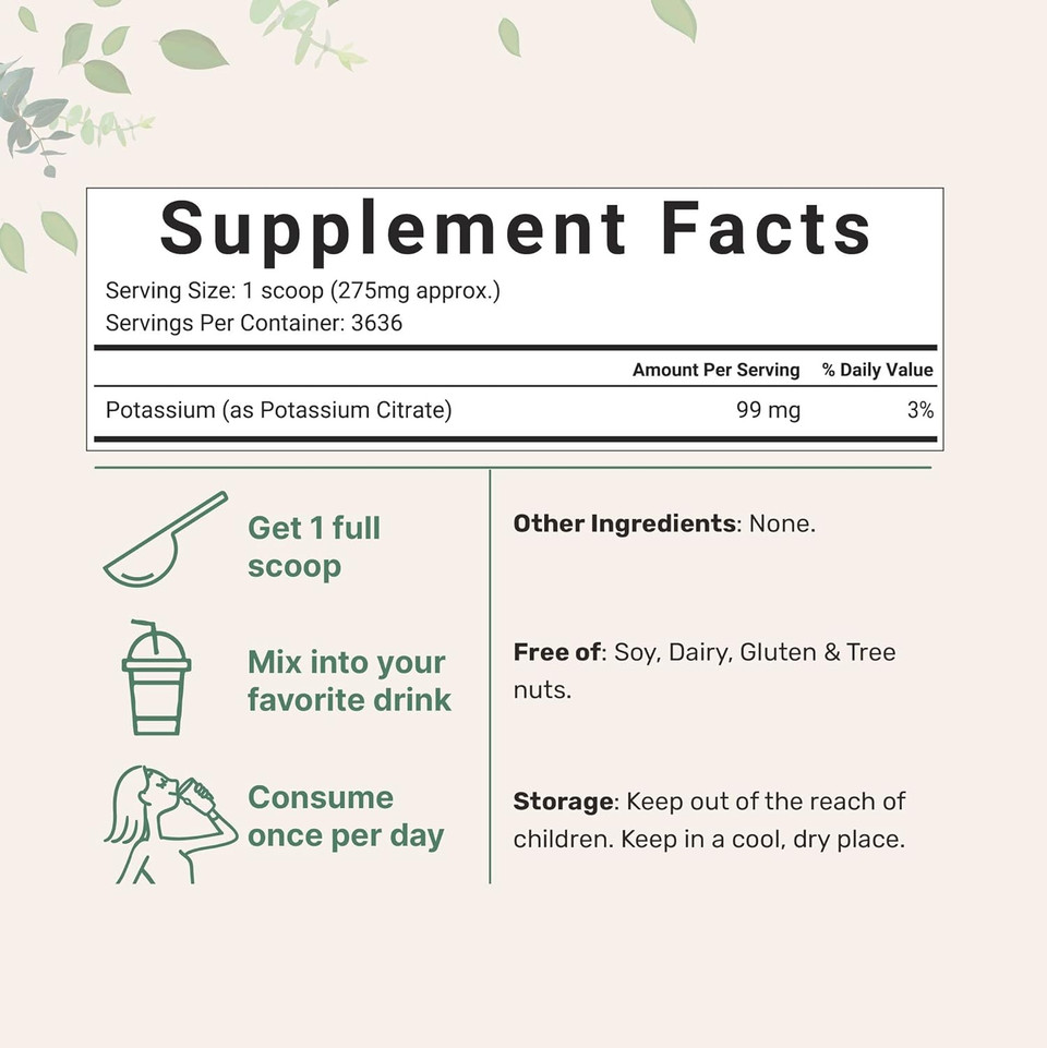 Us Origin Potassium Citrate Powder, 1 Kg (35 Ounce), Essential Electrolyte Supplement, Supports Mineral Balance, Heart Health And Immune System, Vegan Friendly