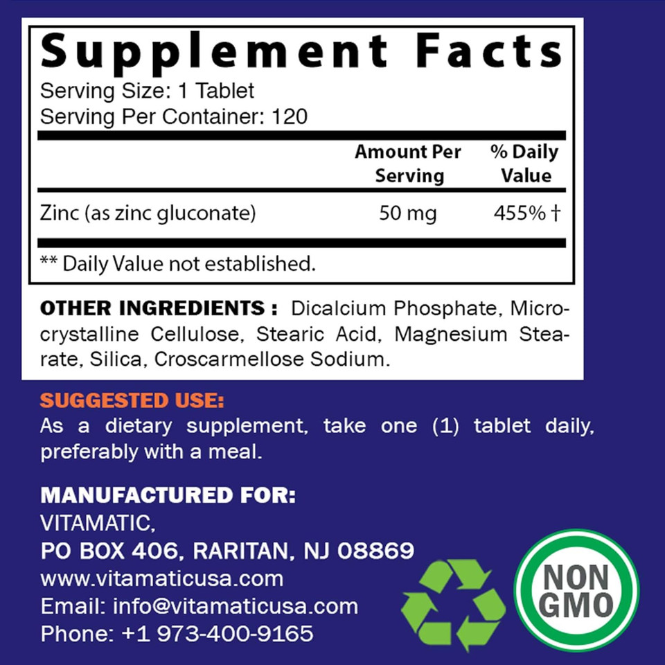 2 Pack - Vitamatic Zinc 50Mg As Zinc Gluconate 120 Count - Immunity Supplement (Total 240 Tablets)