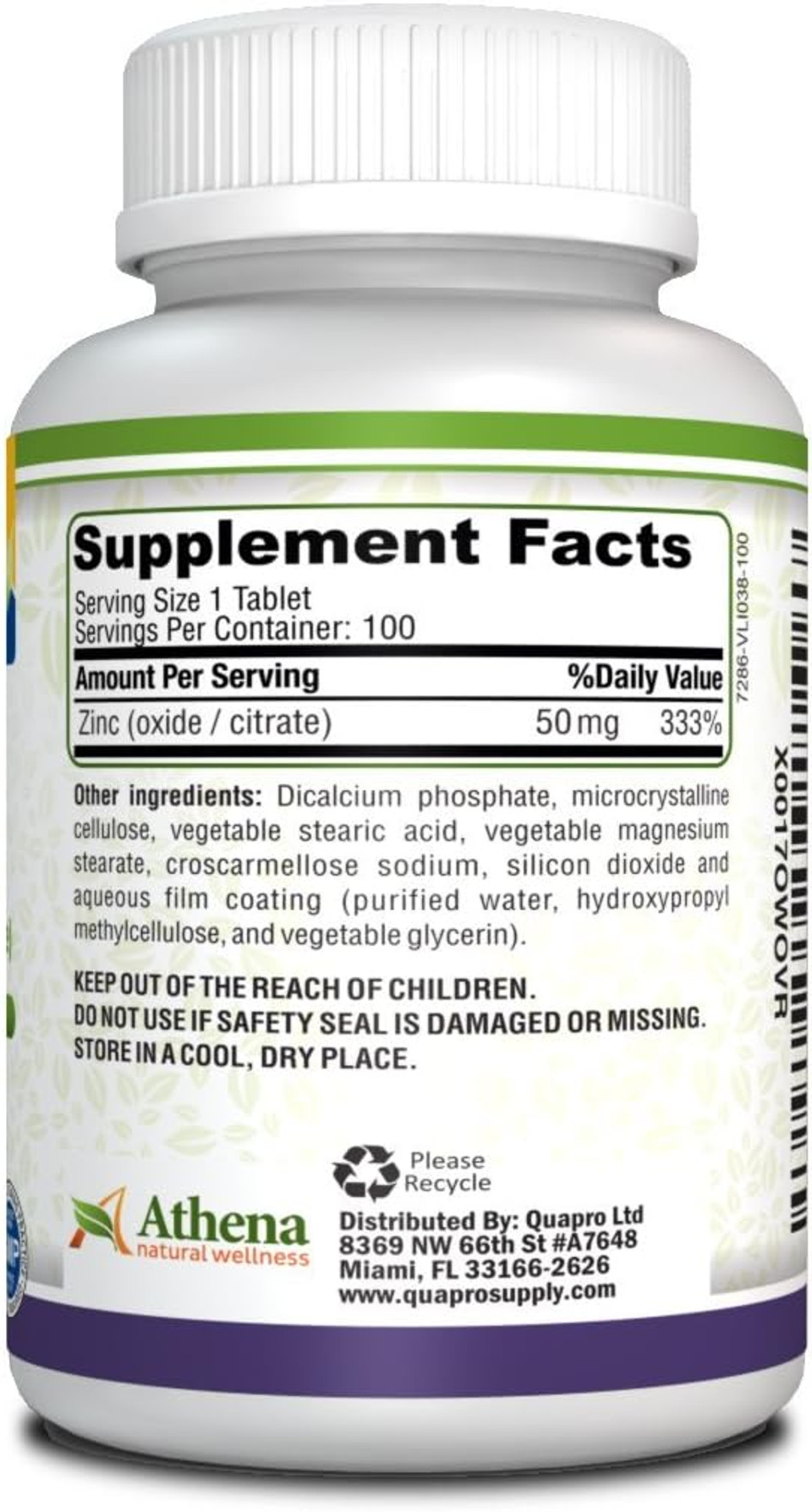 Athena - Zinc Supplement Tablets 50Mg - Oxide/Citrate - 100 Coated Tablets