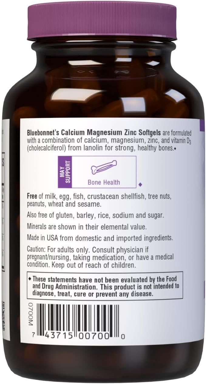 Bluebonnet Nutrition Calcium Magnesium Zinc Plus Vitamin D3, 1000 Mg Of Calcium, 500 Mg Of Magnesium And 15 Mg Of Zinc, 400Iu Vitamin D3, For Strong Healthy Bones*, Gluten-Free, Dairy-Fee, 120 Softgel