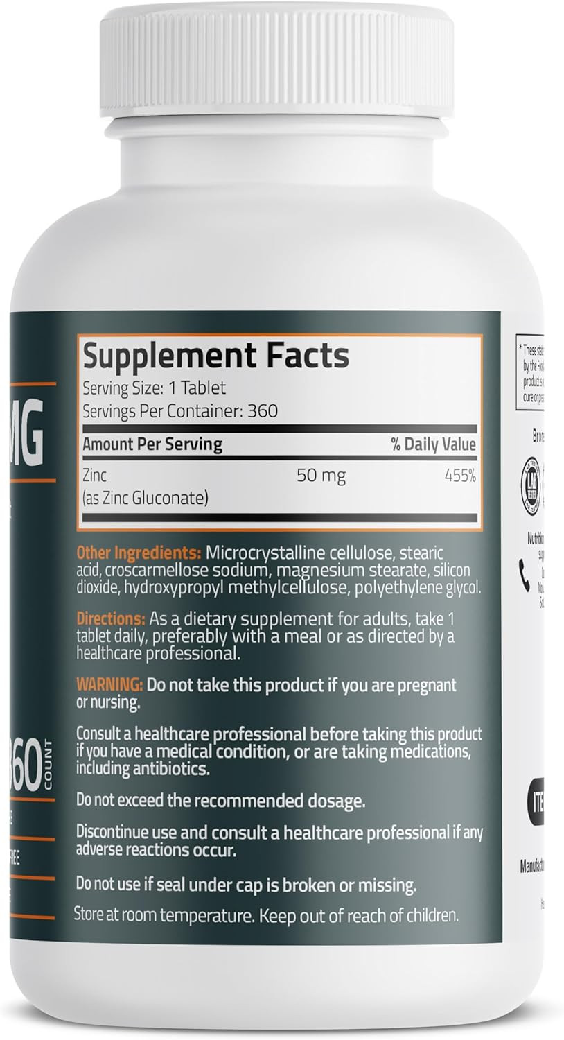 Bronson Zinc 50 Mg High Potency One Year Supply Supports Immune, Antioxidant & Skin Health - Non-Gmo, 360 Vegetarian Tablets