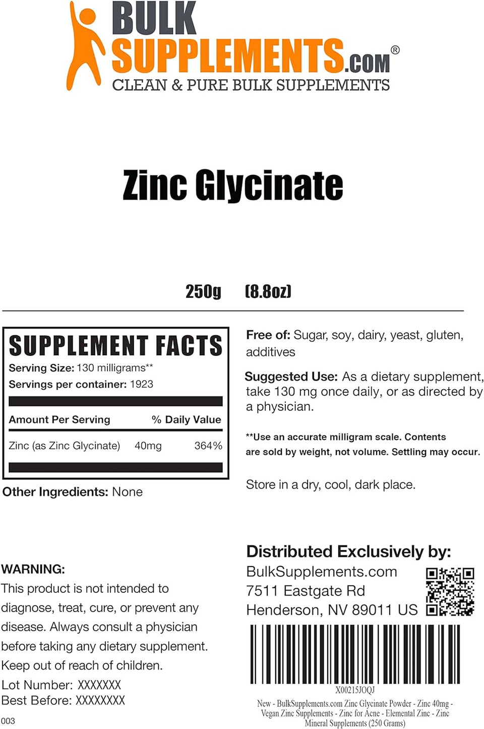 Bulksupplements.Com Zinc Glycinate Powder - Zinc Supplements, Zinc 40Mg, Zinc Powder - Zinc Mineral Supplement, For Immune Support - Gluten Free, 130Mg Per Serving, 250G (8.8 Oz)8.81 Ounce (Pack Of 1)