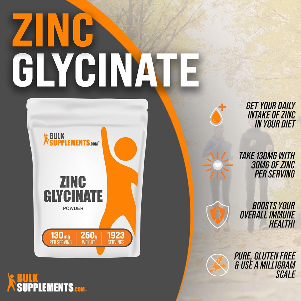 Bulksupplements.Com Zinc Glycinate Powder - Zinc Supplements, Zinc 40Mg, Zinc Powder - Zinc Mineral Supplement, For Immune Support - Gluten Free, 130Mg Per Serving, 250G (8.8 Oz)8.81 Ounce (Pack Of 1)