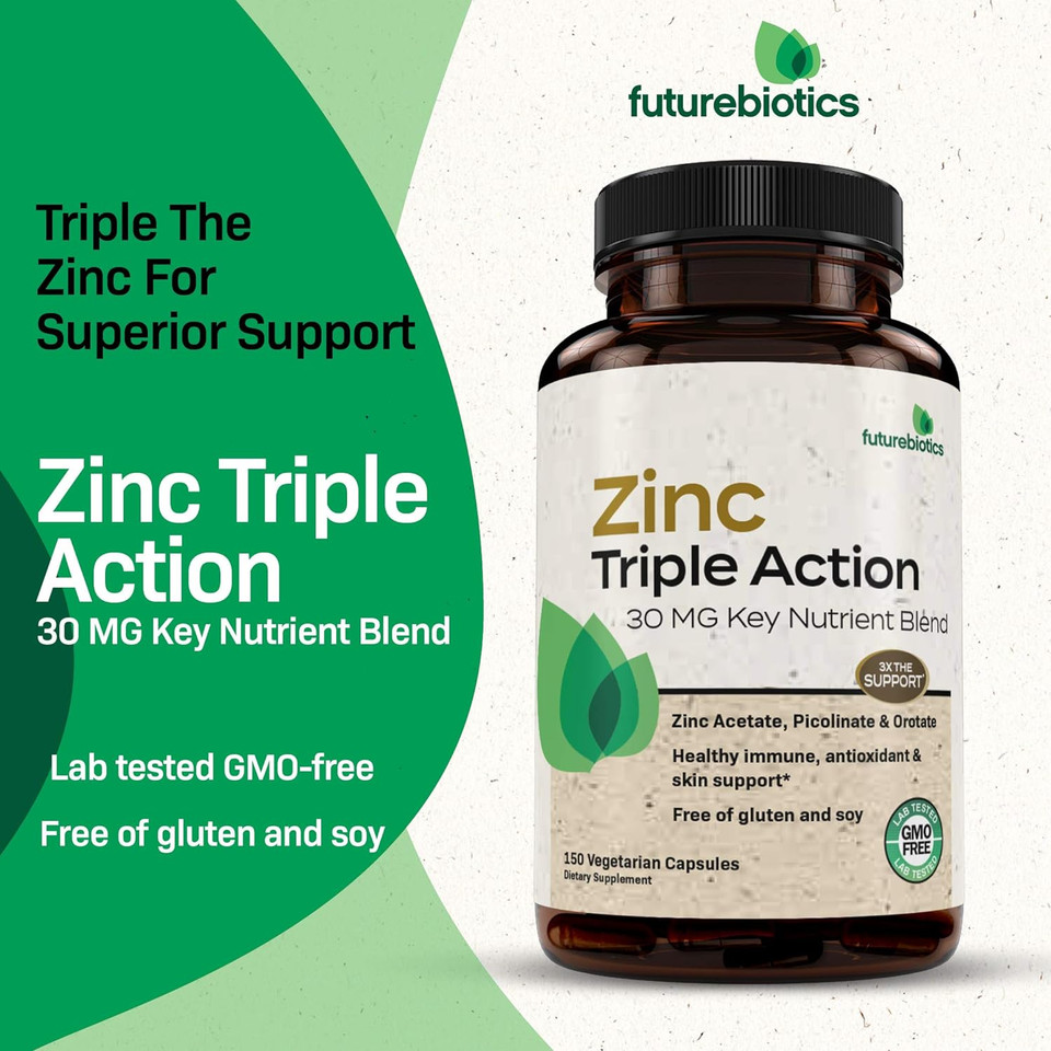Futurebiotics Zinc Triple Action 30Mg Key Nutrient Blend Immune Support Zinc Supplement With Zinc Acetate, Picolinate & Orotate - Immune, Antioxidant & Skin Health Support - 150 Vegetarian Capsules