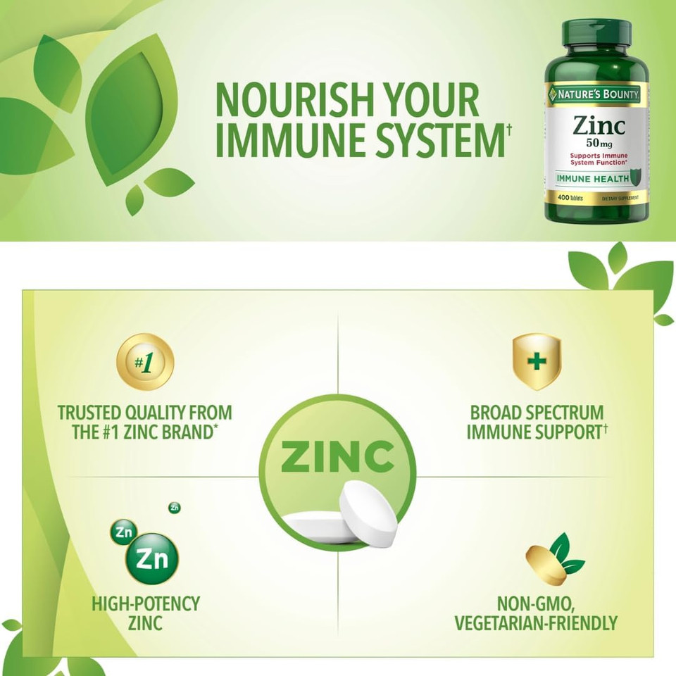 Nature Bounty. Zinc 50 Mg Tablets For Immune Support And Antioxidant Protection, Vegetarian, Non-Gmo, High Potency Zinc Supplement, 400 Count + Free Travel Pill Case