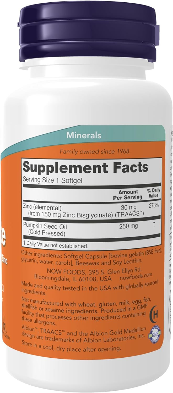 Now Supplements, Zinc Glycinate With 250 Mg Pumpkin Seed Oil, Supports Prostate Health*, 120 Softgels (Packaging May Vary)