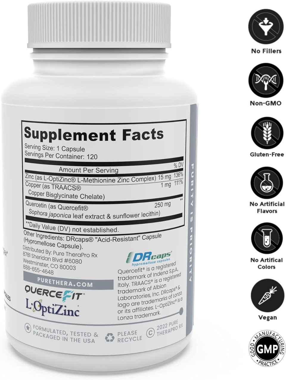 Pure Therapro Rx Zinc Defense | 120 Servings In Vegan Capsules | L-Optizinc Ionophore, Copper Bisglycinate Chelate, Quercefit Quercetin | Powerful Immune Support & Defense Against Oxidative Stress120 Count (Pack Of 1)