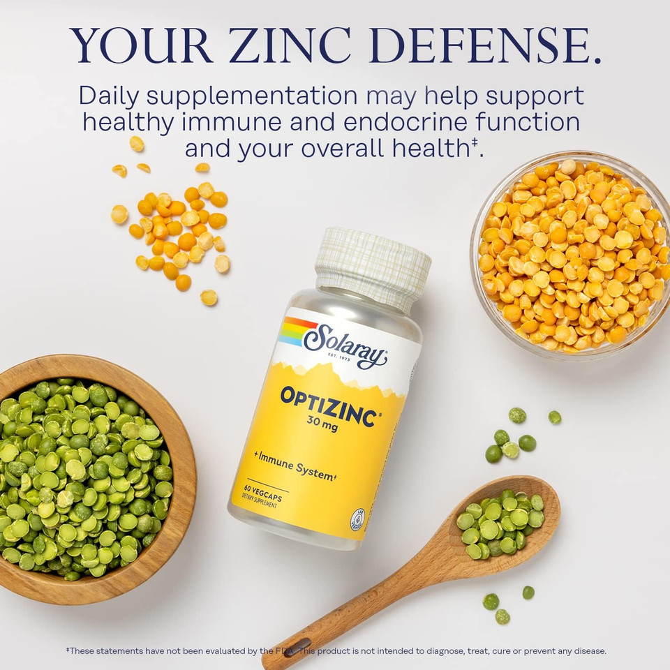 Solaray Optizinc 30Mg Immune Support Supplement, Chelated Zinc Capsules, Endocrine Systems And Cellular Health Support, With Methionine, Vitamin B6 And No Copper, 60-Day Guarantee, 60 Serv, 60 Vegcaps