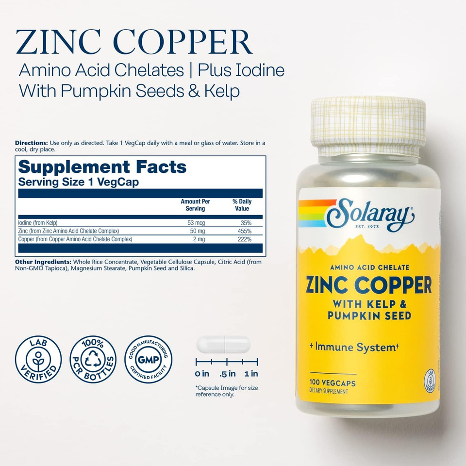 Solaray Zinc Copper Supplement, Bioavailable Amino Acid Chelate, Immune Support, Heart Health And Thyroid Support With Iodine From Kelp And Pumpkin Seed, 60 Day Guarantee, 100 Servings, 100 Vegcaps